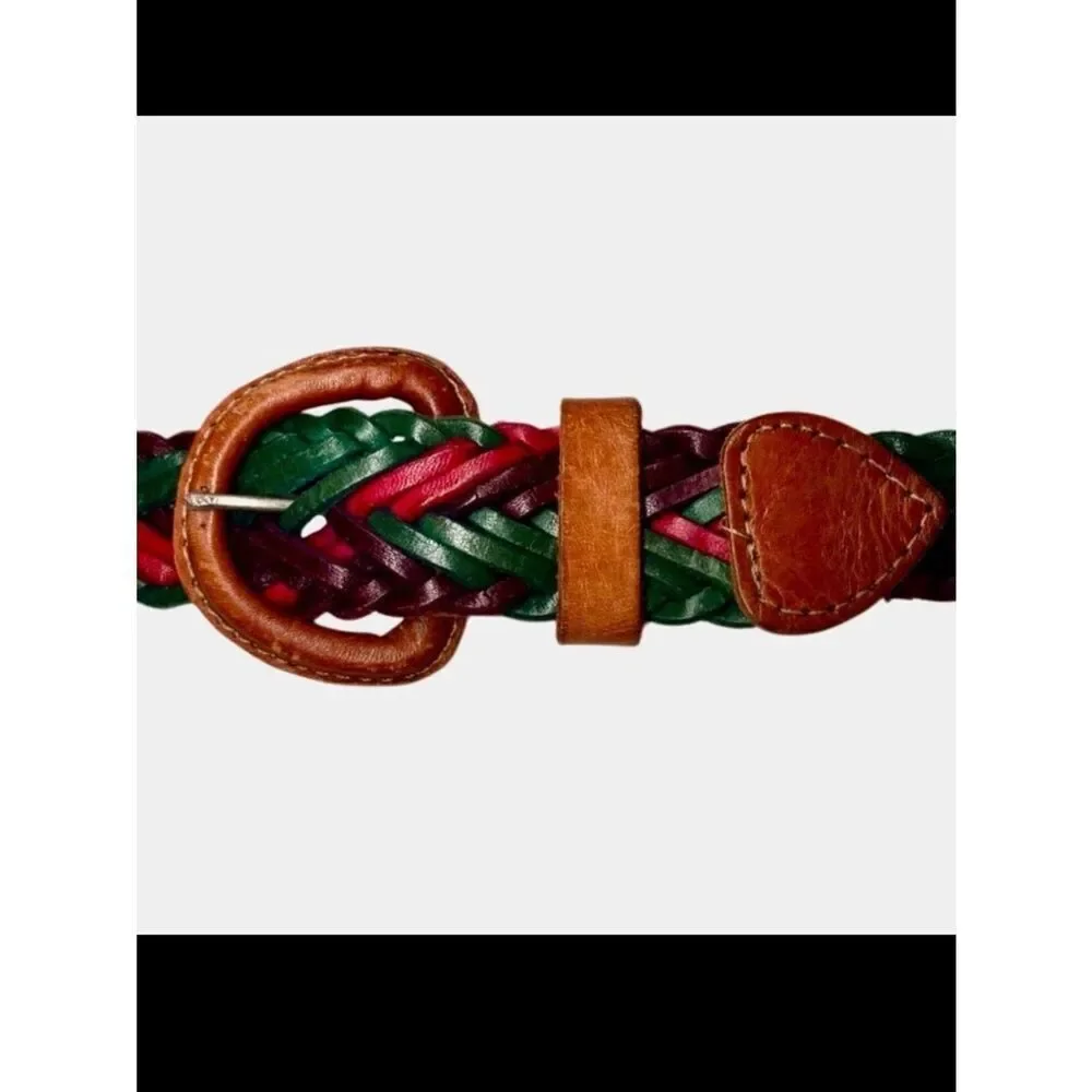 Multicolor Braided Leather Belt in Pink/Purple/Teal Green